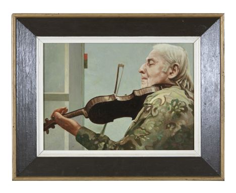 JACK CUDWORTH (1930 - 2010)Portrait of Stephane GrappelliOil on board, 29.5 x 40cmSigned lower right Jack Cudworth was born i