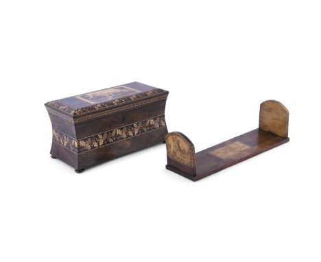A FINE TUNBRIDGE WEAR TEA CADDY, of waisted rectangular form, the cover centred with a depiction of a castle, enclosing a div