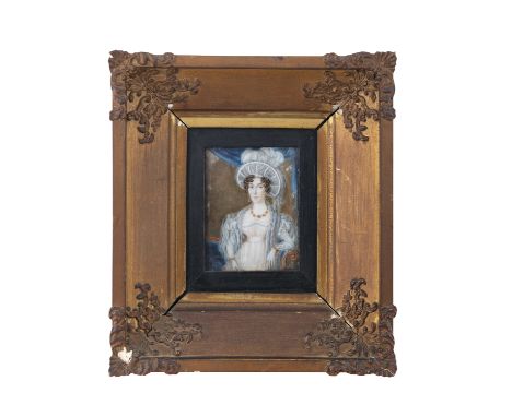 IRISH SCHOOL (19TH CENTURY)Portrait of a lady in a white dress Miniature, watercolour on ivory, 11.5 x 9cmContained in elabor