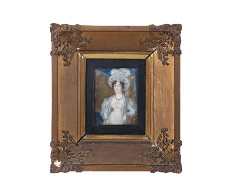 IRISH SCHOOL (19TH CENTURY)Portrait of a lady in a white dress Miniature, watercolour on ivory, 11.5 x 9cmContained in elabor