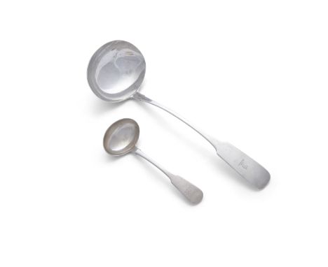 AN IRISH WILLIAM IV FIDDLE PATTERN SOUP LADLE, Dublin c.1836, maker's mark of Richard Garde, crested, 34cm long; together wit