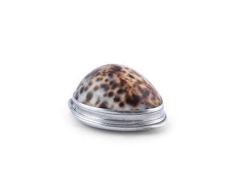 A GEORGE III SILVER AND COWRIE SHELL SNUFF BOX,  c.1793, attributed to Edward Rice of Dublin,engraved with presentation inscr