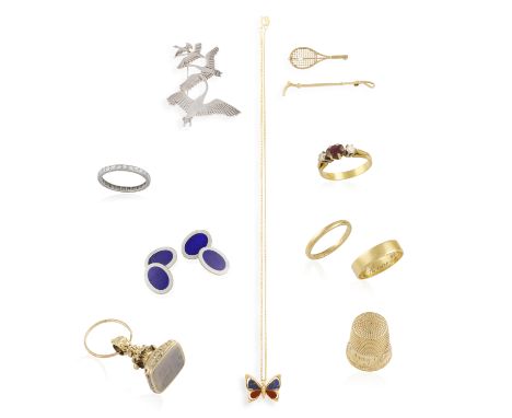 A GROUP OF JEWELLERY, comprising a pair of 9k gold cufflinks with blue enamel; A 9K gold butterfly pendant necklace set with 