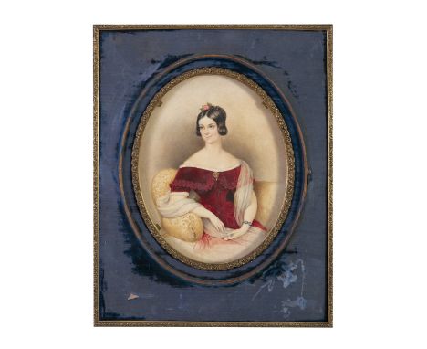 VICTORIAN SCHOOL (19TH CENTURY)Portrait of a lady young in crimson dressOval, Watercolour, 25 x 19cm 