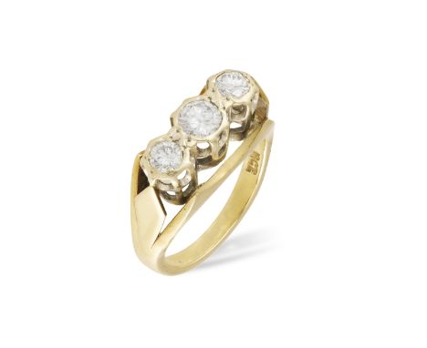 A DIAMOND THREE-STONE RING, set with a central round brilliant-cut diamond between two similarly-cut diamonds, mounted in 18K