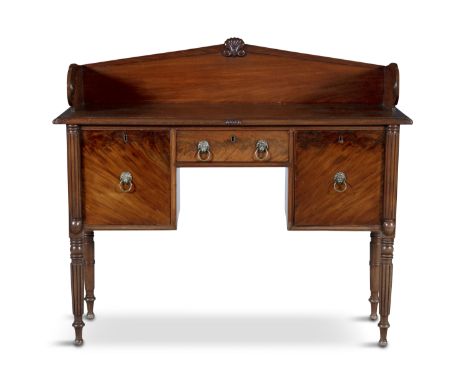 A 19TH CENTURY MAHOGANY RECTANGULAR SIDEBOARD, with raised panel back above central drawer flanked by twin panel door cupboar