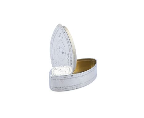 A GEORGE III IRISH BRIGHT CUT SILVER SNUFF BOX, Dublin 1793, mark of James Kennedy of navette shape, the hinged cover engrave