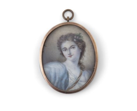 MANNER OF GUSTAVUS HAMILTONMiniature portrait of a young woman as muse Watercolour on ivory, 5.5 x 4.5cm ** Please note that 