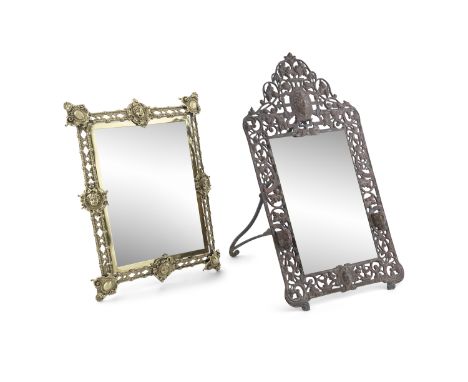 A FRENCH CAST AND POLISHED BRASS EASEL BACK DRESSING TABLE MIRROR, late 19th century, with plain rectangular plate contained 