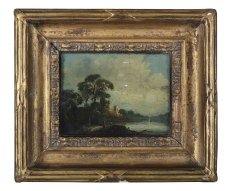 CIRCLE OF JAMES ARTHUR O'CONNOR (1792-1841)Wooded riverscape with a figure in red in the foreground, ruins beyondOil on panel