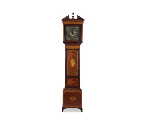 AN IRISH EARLY 19TH CENTURY INLAID MAHOGANY LONGCASE CLOCK, with broken pediment centered with an urn, above an engraved bras