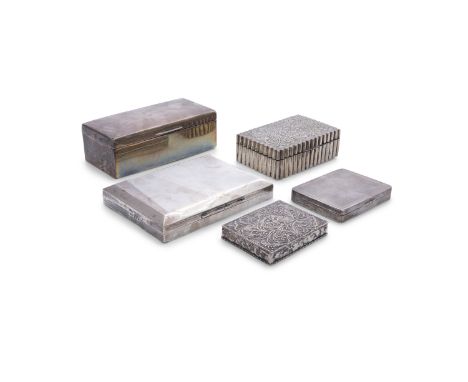 A COLLECTION OF FIVE SILVER CIGARETTE CASES/BOXES, comprising a rectangular plain box, Birmingham; an engine turned case, Che