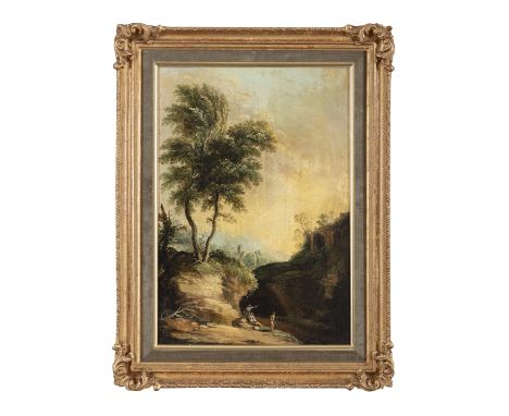 ITALIAN SCHOOL (EARLY 19TH CENTURY)Claudian Landscape with Three Figures by a RiverOil on panel, 41 x 29cm
