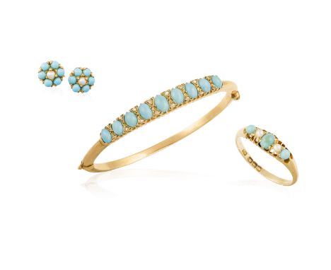 A TURQUOISE AND DIAMOND BANGLE WITH RING AND EARRINGS EN SUITE, the bangle set with cabochon turquoises interspersed with ros