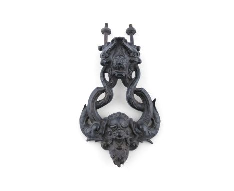 A LATE 19TH CENTURY CAST IRON DOOR KNOCKER AND BUTTON RECEIVER, in the form of sea creatures, cast with the name Kenrick vers