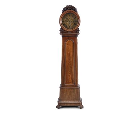 A 19TH CENTURY MAHOGANY LONGCASE CLOCK, with arch top hood surmounted with a foliate crest above a gilded dial, the tapering 