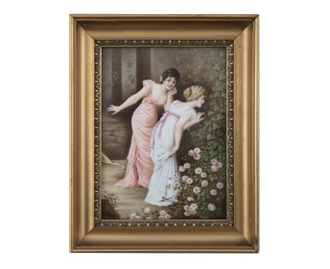 A PAINTED BERLIN PORCELAIN PANEL (19TH CENTURY)'The Eaves Dropping', Impressed with KPM mark verso, 20 x 15 cm