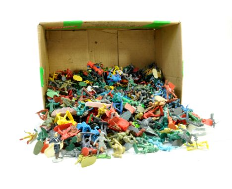 A very large group of miniature plastic figures. Cowboys, Indians, Knights, Military and others. Should assume fair in genera
