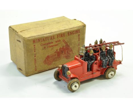 Johillco Vintage Issue Miniature Fire Engine, with Ladder and 6 Firemen. Still a bright example. Good in Good Box.