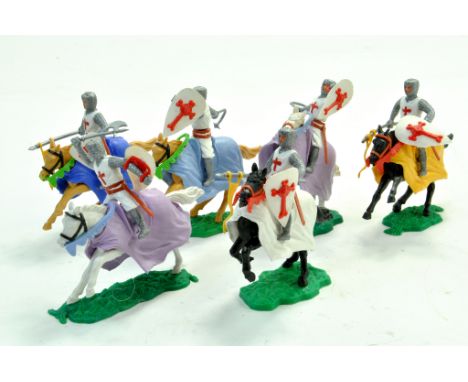 Timpo group of plastic mounted knights. Mostly complete and excellent.  Note: We are happy to provide additional images of an