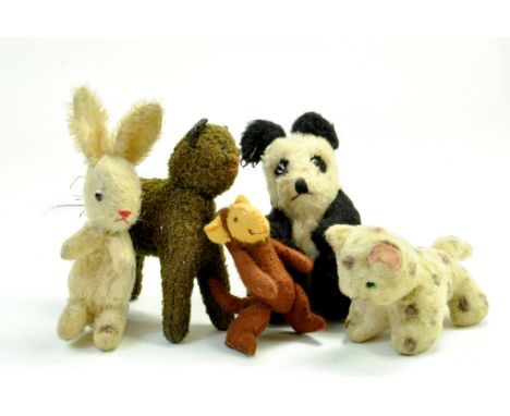 Vintage Issue Stuffed Animals comprising Begging Rabbit, Cat x 2, Panda and Monkey. Generally Fair to Good.  Note: We are hap