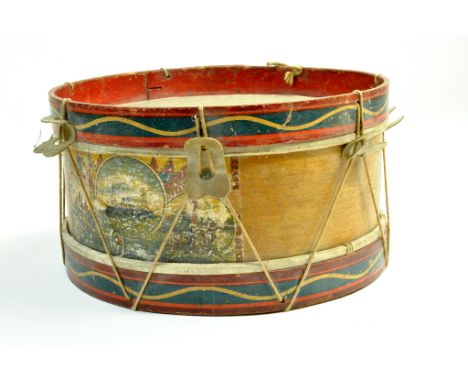 A vintage antique drum decorated with various illustrations. Skin is original. Still a bright piece.  Note: We are happy to p