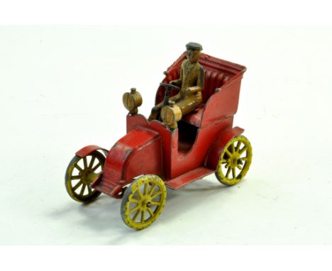 An interesting vintage diecast issue in red, yellow metal wheels and driver. Maker unconfirmed. Note: We are happy to provide