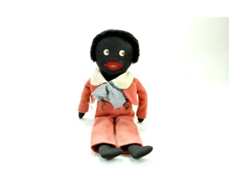 Vintage 18” Black clothed Golly doll. Embroidered mouth button eyes wearing Salmon coloured jacket/trousers, blue and white c
