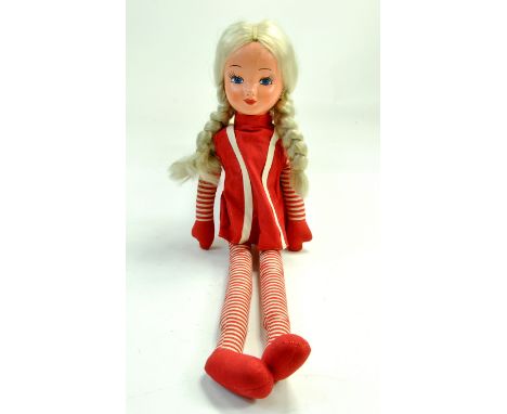 Vintage 20" 1970's Looby Loo Rag Doll. Plastic Face stripy Long Legs blonde Hair. Condition good, stitching to left underarm.