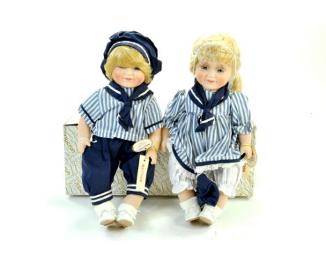 Alberon Porcelain Doll duo. Boy and Girl issues, boxed. Complete. Excellent. Note: We are happy to provide additional images 