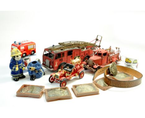 A collection of Fire Engine Vehicles, large scale, plus other collectables, belts and buckles, ceramics etc.  Note: We are ha