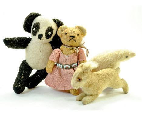 Vintage Panda Teddy Bear, looks homemade plus small 8.5" Teddy in pink knitted dress, enamled bracelet with brass bell. Legs 