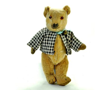 Vintage 11.5" Mohair Teddy Bear in checked shirt with Brass Bell. Non working Squeaker. Believed to be early 20th century. Ma