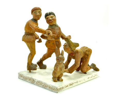 Wondefully interesting group of antique finely hand carved wooden figures, possibly Black Forest, nethertheless comprising tr