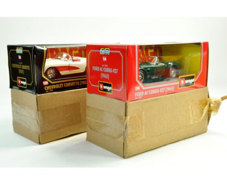 Burago 1/24 issues comprising 1965 Ford AC Cobra plus 1957 Chevrolet Corvette. Excellent with boxes and outer sleeves.  Note: