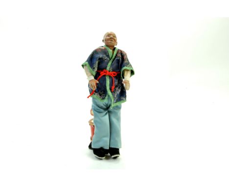 Rare 8 ½” Antique Chinese Old Man Doll. Hand Painted face, Hair to back of head wearing original cream linen shirt, silk trou
