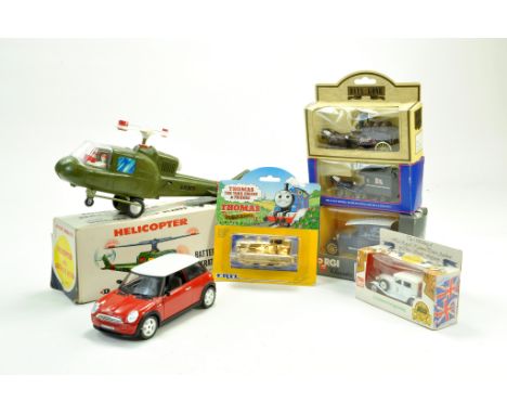 Various toy group comprising battery operated helicopter, Gold Plated Ertl Thomas the Tank Engine Anniversary model, and othe