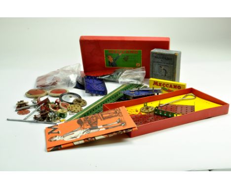 Misc group of vintage Meccano including various parts and components plus Clockwork Motor and Box for Accessory Outfit.  Note