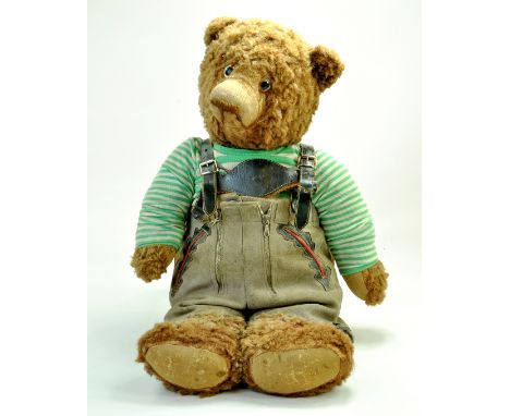 An impressive, German, early issue, 1950's, Large (80cm) Bear with authentic period Lederhosen. Some repair but retains wonde