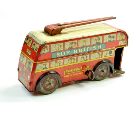 Wells tinplate clockwork trolleybus. No. 804. Generally a fair to good example. Missing conductor.  Note: We are happy to pro