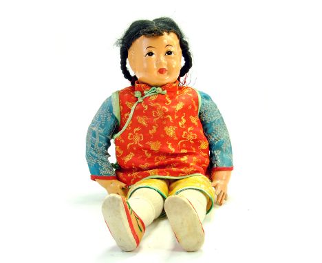 A 15” Vintage Composition Doll made in Hong Kong . 'Made in Hong Kong' on the back of neck. Chinese Girl Doll in Traditional 