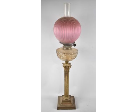 A Late Victorian/Edwardian Tall Oil Lamp in the Form of Reeded Corinthian Column on Stepped Plinth Base, Cut Glass Reservoir,