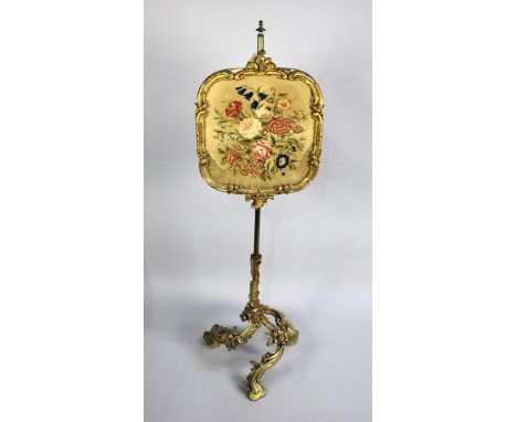 A Late 19th Century Gilt Gesso and Brass Pole Screen Having Tapestry Panel and Three Swept Foliate Rococo Style Supports 
