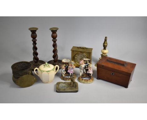 A Collection of Sundries to Include Tea Caddy, Oak Barley Twist Candlesticks, Spill Vases etc 