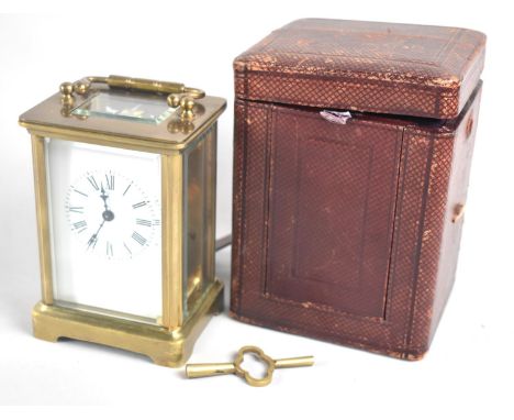 An Early/Mid 20th Century French Brass Cased Carriage Clock with Carrying Case and Key, Movement Overwound and Needs Attentio