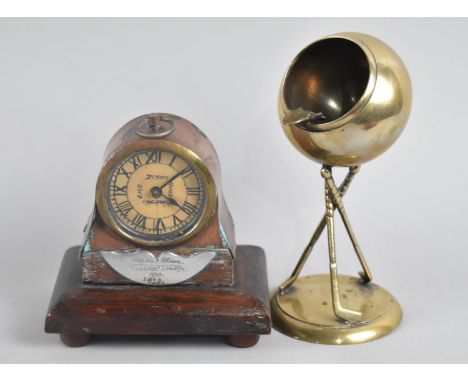 A Novelty Desktop Ashtray in the Form of a Golf Ball Supported on Three Clubs Together with a Vintage Handmade Mantle Clock, 