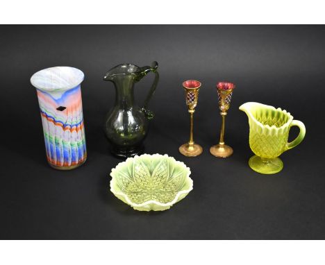 A Collection of Various Late 19th/20th Century Glass to Comprise Moulded Opaque Glass Bowl and Rug, Hand Blown Green Jug and 