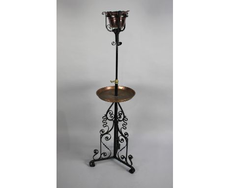 A Late Victorian Wrought Iron Rise and Fall Oil Lamp Stand with Copper Circular Tray Shelf, Copper Planter to Replace Oil Lam