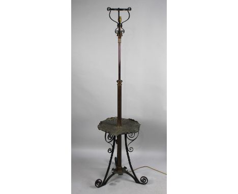 A Late 19th/Late 20th Century Wrought Iron Oil Lamp Stand, Now Converted to Electricity, Tripod Scrolled Base with Hand Beate