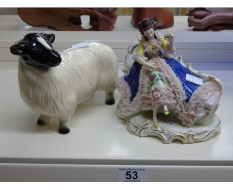 GERMAN FIGURE OF A SEATED LADY & CERAMIC SHEEP